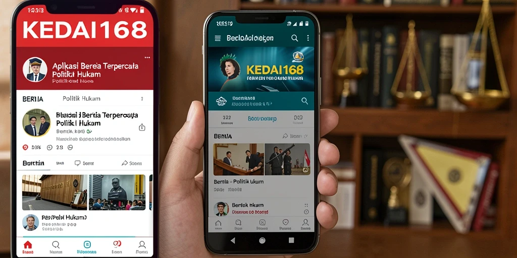 Antarmuka aplikasi KEDAI168 menampilkan berita politik dan hukum terkini.
