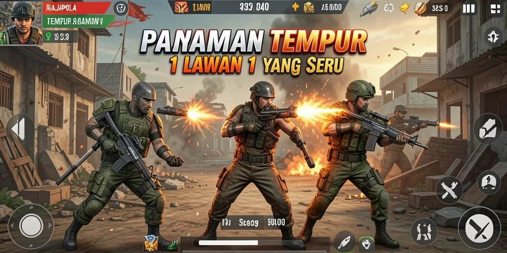 Tampilan antarmuka RAJAPOLA dengan pertarungan 1 lawan 1 yang intens.